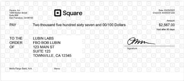 The front view of a digital check issued by Square
