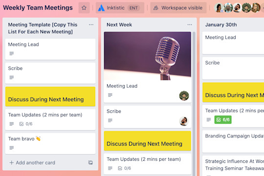 An image of a Trello board used to organize remote team meetings.