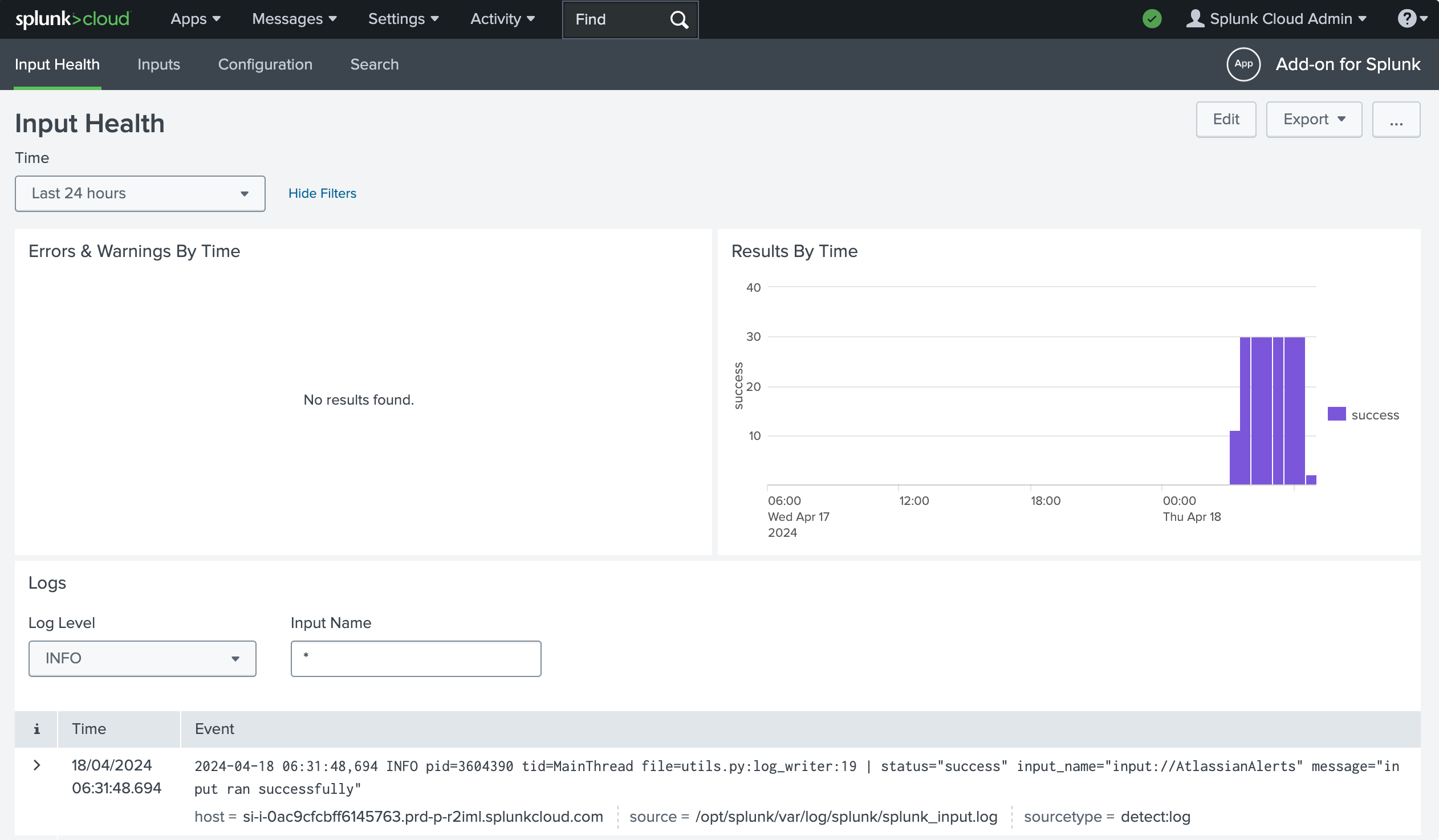 Splunk Input Health screen showing the ‘input ran successfully’ message