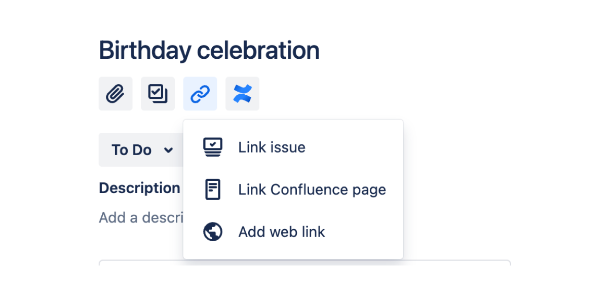 この画像は、課題ビューから Jira 課題を他の Jira 課題、Confluence ページ、Web リンクにリンクするオプションを示しています。