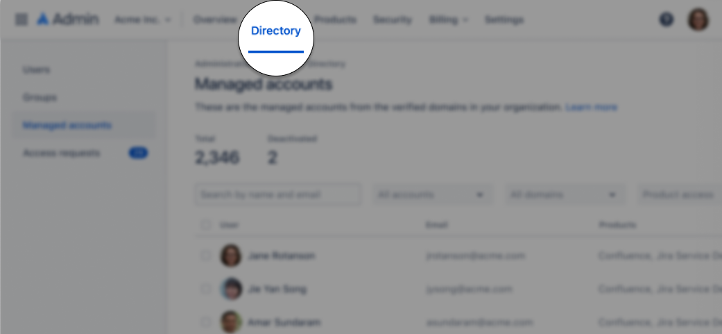 Directory page in Atlassian Administration. Directory is the second item in the primary navigation.