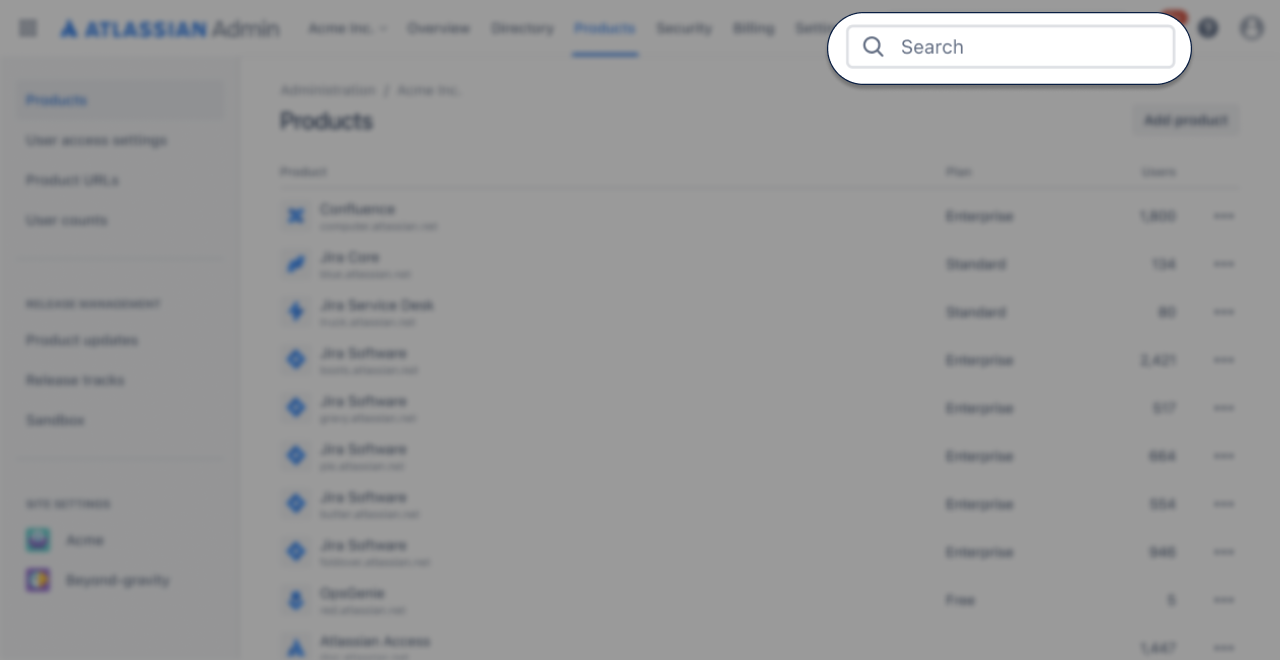 Search field is located in the header in Atlassian Administration.