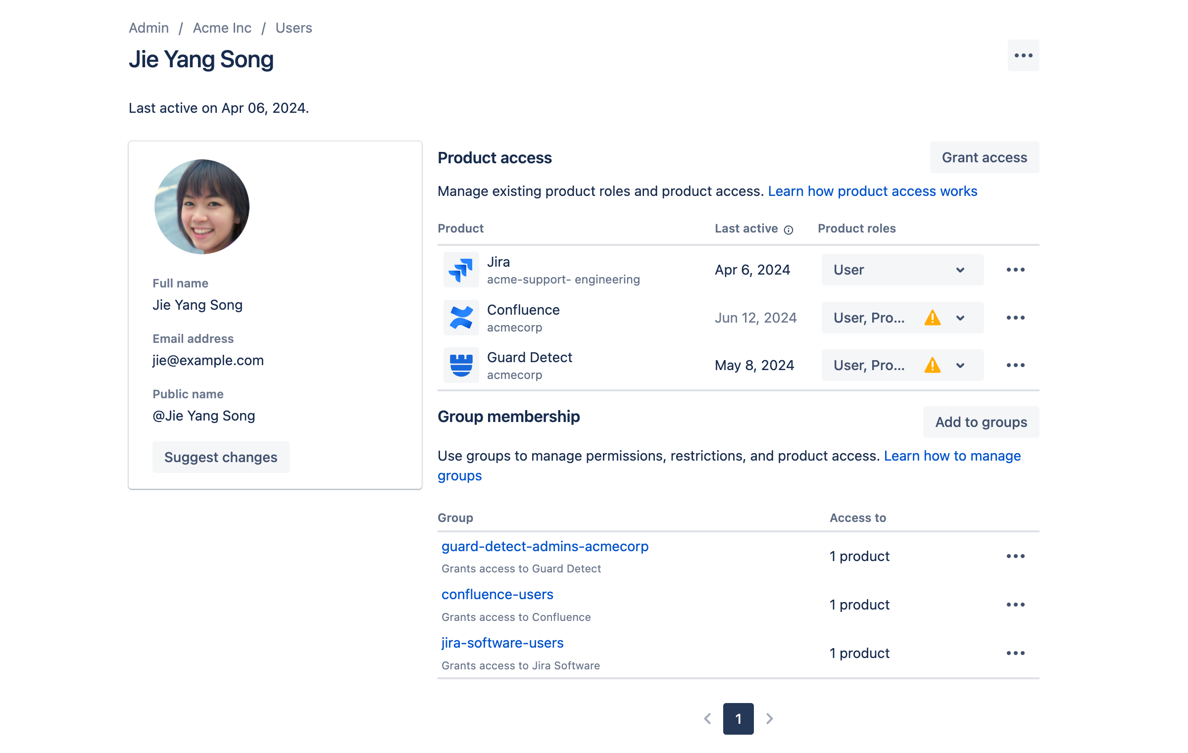 User profile screen showing a user granted the product admin role