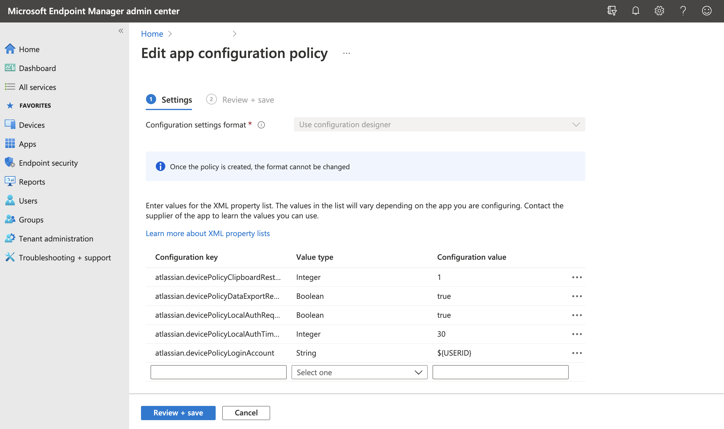 Screenshot of what AppConfig settings look like in Intune