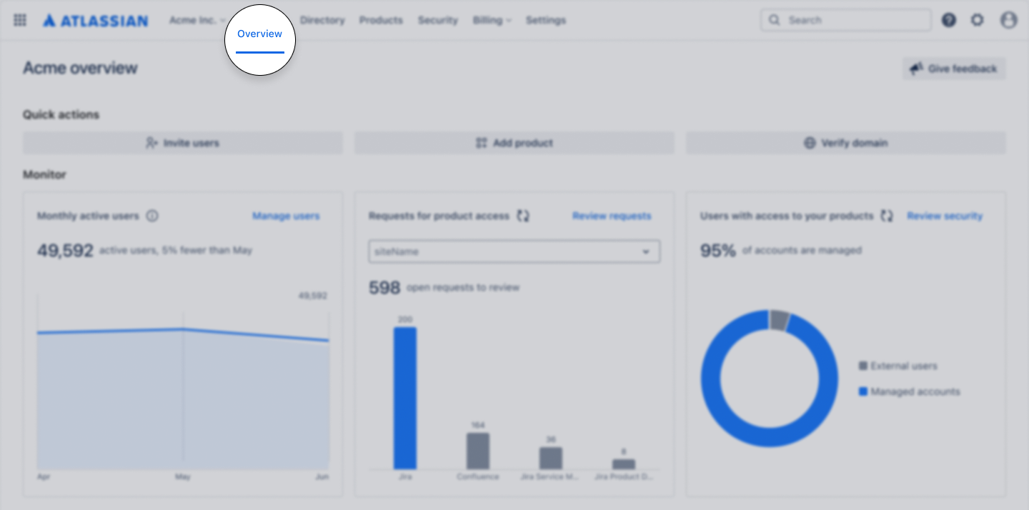 Overview page in Atlassian Administration. Overview is the first item in the primary navigation.