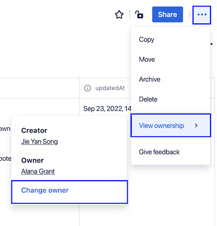 Select View ownership from the More actions menu to change the owner of an item.