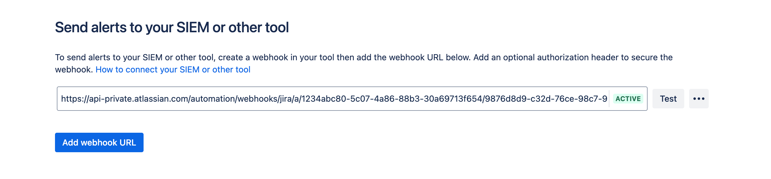 SIEM integration showing an example webhook URL and an add webhook button