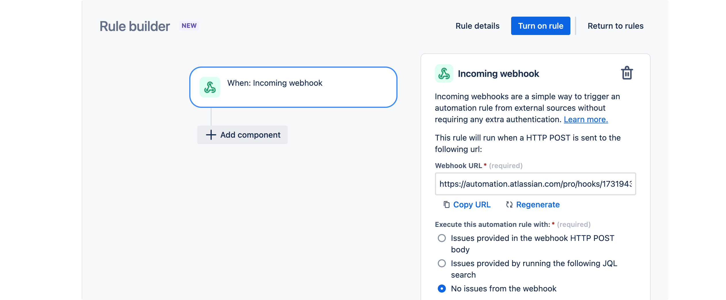 Jira automation showing incoming webhook