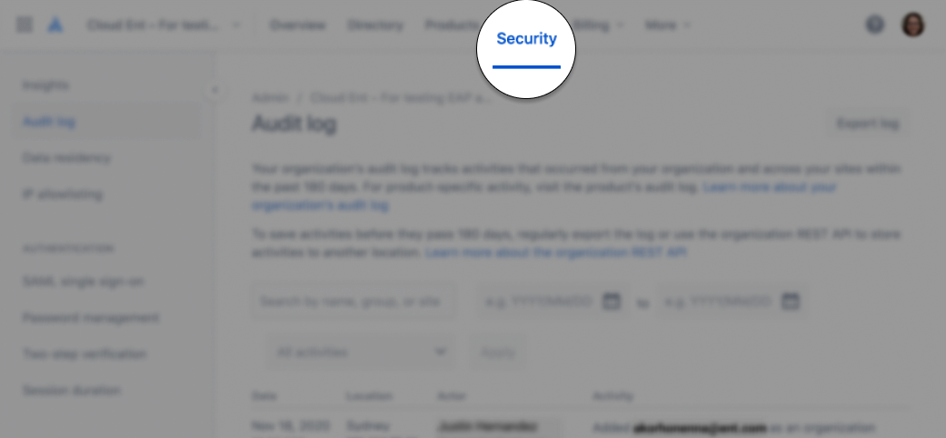 Security page in Atlassian Administration. Security is the fourth item in the primary navigation.