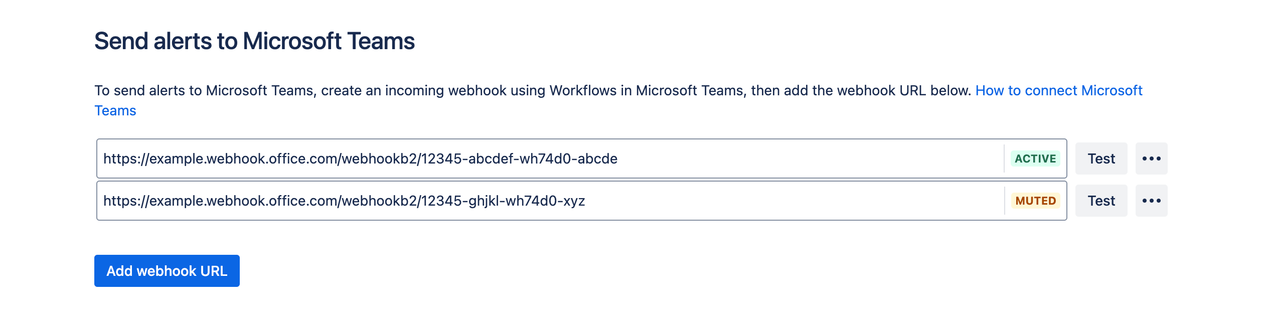 Teams integration showing an example webhook URL and an add webhook button