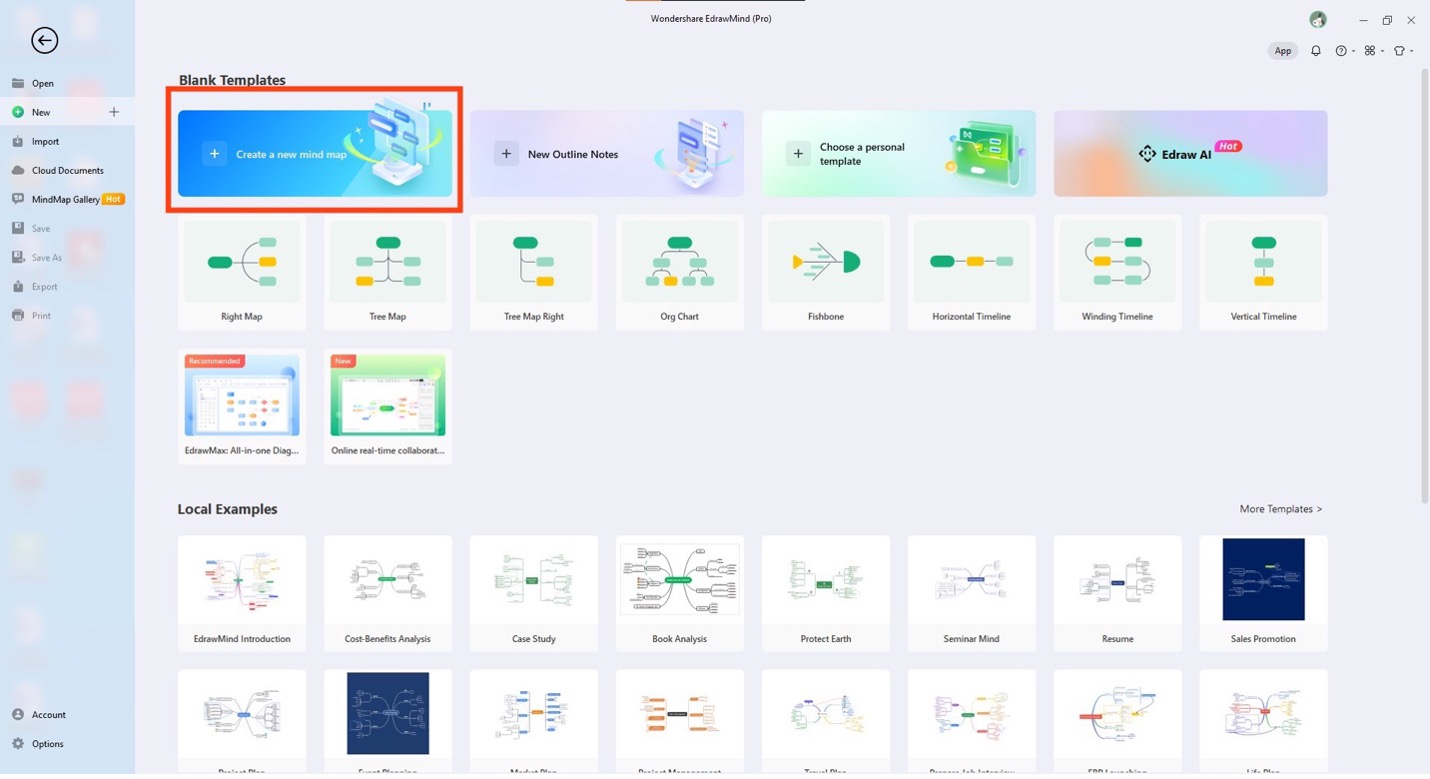 edrawmind homepage create new mind map