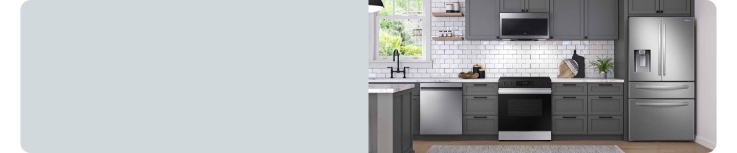 Samsung Dishwasher, Over-the-Range Microwave, Range and Refrigerator in Stainless Steel in a kitchen with dark gray cabinets