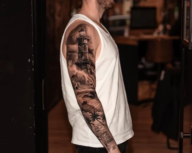 Tattoo Realism Black and Grey - Lighthouse & beach lifestyle . - Full Sleeve Project