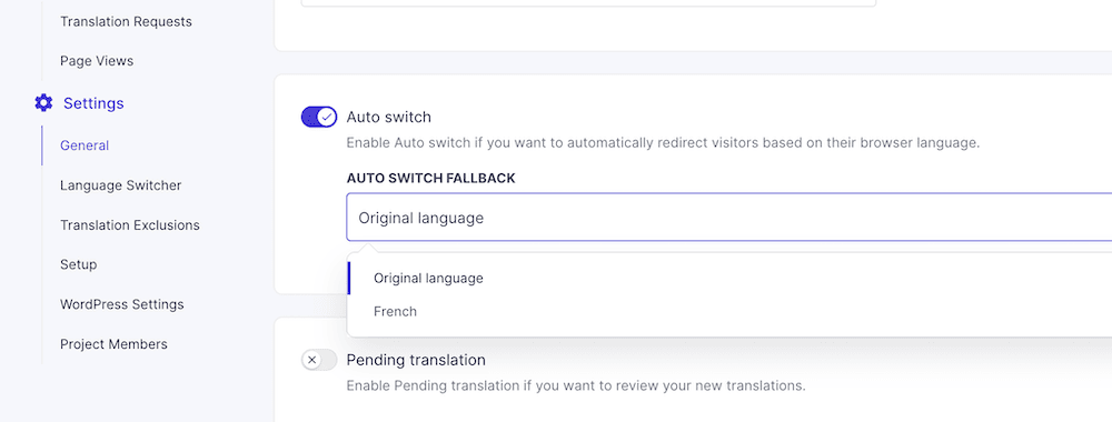 The Weglot Dashboard shows the option to redirect users automatically based on language.