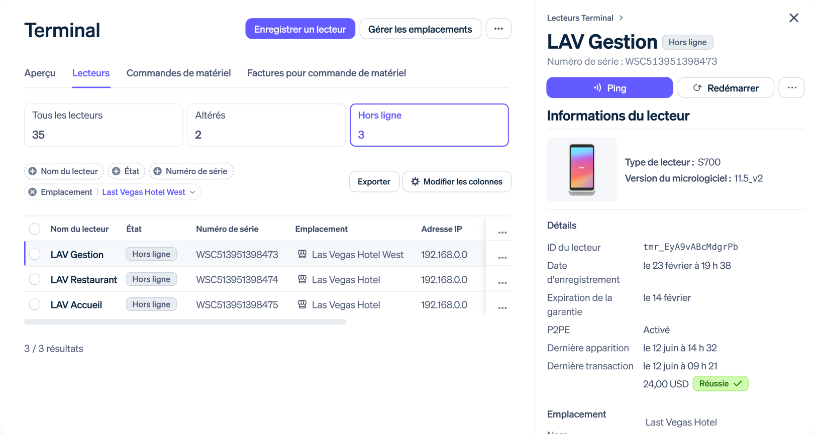 Capture d'écran du Dashboard Stripe montrant la gestion des appareils par emplacement