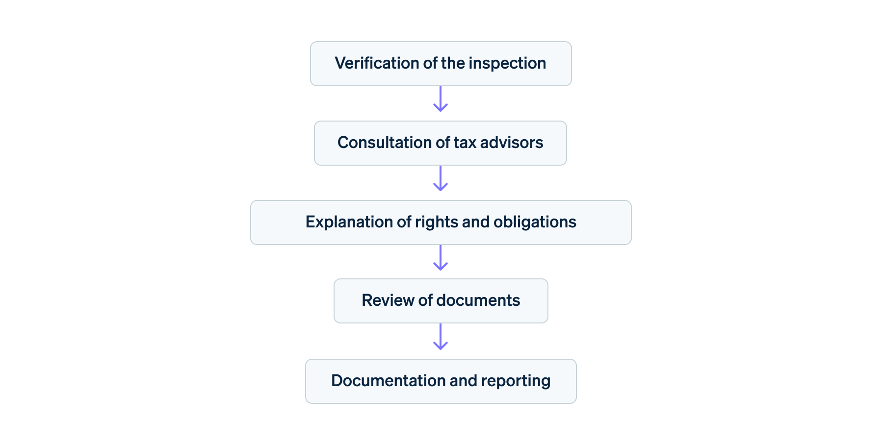 VAT inspection process - Flowchart of the VAT inspection process in five steps: Verification of the inspection, consultation of tax advisors, explanation of rights and obligations, review of documents, and documentation and reporting.

