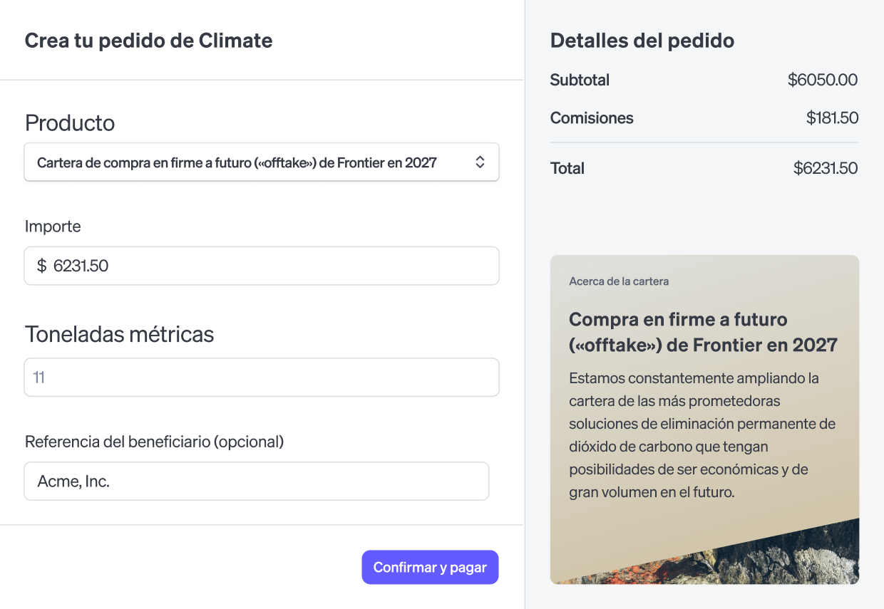 Climate Orders dashboard create panel