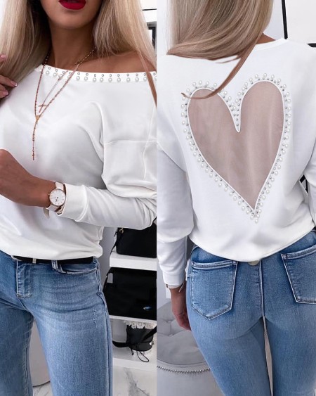 Heart Pattern Sheer Mesh Round Neck Long Sleeve Beaded Sheer Mesh Tee Casual Top