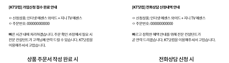 상품 주문서 작성 완료시, 전화상담 신청 시 문자메세지