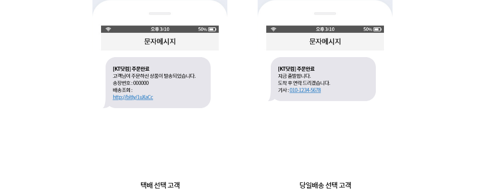 택배 선택 고객, 당일배송 선택 고객 문자 메세지