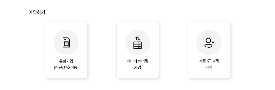 가입하기 유심가입(신규/번호이동), 데이터 쉐어링 가입, 기존 KT 고객 가입