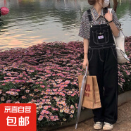 减龄气质设计感刺绣牛仔背带裤女秋冬大码胖mm复古洋气显瘦连体裤 黑色刺绣牛仔背带裤单件 3XL码（建议140-160斤）