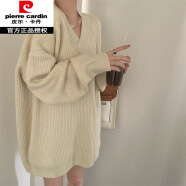 皮尔卡丹（pierre cardin）V领套头毛衣女慵懒针织衫2024春秋加厚宽松外穿设计感中长版上衣 杏色 M