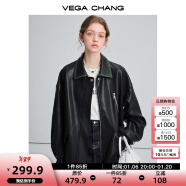 VEGA CHANG黑色皮衣女2025春秋宽松显瘦机车风pu皮短外套 松绿黑 S