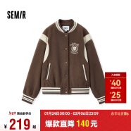 森马（Semir）外套女刺绣拼接撞色宽松夹克2024冬季仿毛呢棒球服109724108004