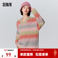 森马（Semir）毛衣女中长款宽松个性慵懒冬V领渐变条纹衫小众甜酷 红色调00466 150/76A/XS