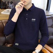 JEEP SPIRIT吉普长袖T恤男秋冬季男装翻领打底衫韩版上衣服 藏青色 4XL 