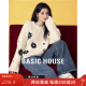 百家好（Basic House）Basic House/百家好花朵刺绣套头毛衣撞色圆领宽松上衣冬季保暖女 米杏 M