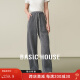 百家好（Basic House）Basic House/百家好冬季加绒斜条纹休闲裤慵懒风加厚高腰直筒裤女 灰色 L