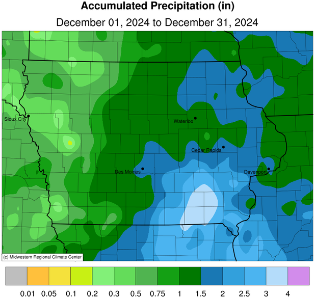 Iowa map showing precipitation in December 2024