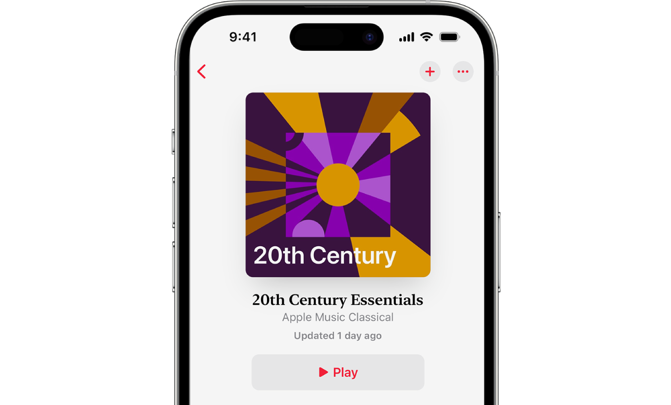 Apple Music Classical’da bir liste grafiğini, liste başlığını ve Çal düğmesini gösteren iPhone.