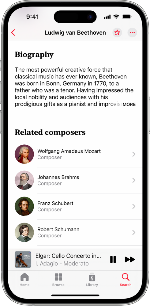 Un iPhone affichant la biographie d’un compositeur dans Apple Music Classical. En haut de l’écran se trouve le nom du compositeur suivi du texte biographique. Une liste de compositeurs apparentés figure au milieu de l’écran. Le mini-lecteur se trouve vers le bas de l’écran et affiche la piste en cours de lecture. En dessous du mini-lecteur figurent les boutons Accueil, Explorer, Bibliothèque et Rechercher.