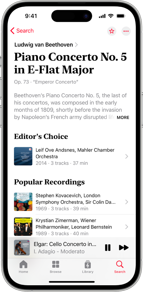 Un iPhone affichant la description dʼune œuvre dans Apple Music Classical. En haut de l’écran se trouve le nom du compositeur et de lʼœuvre, ainsi que des informations sur cette dernière. Au milieu de l’écran se trouvent les sections « Sélection de la rédaction » et « Enregistrements populaires ». Le mini-lecteur se trouve vers le bas de l’écran et affiche la piste en cours de lecture. En dessous du mini-lecteur figurent les boutons Accueil, Explorer, Bibliothèque et Rechercher.