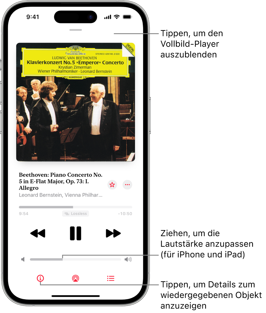 Ein iPhone mit dem Bildschirm „Jetzt läuft“ in Apple Music Classical. Oben im Bildschirm befindet sich ein grauer Balken, auf den du tippen kannst, um den Bildschirm „Jetzt läuft“ auszublenden und wieder zum MiniPlayer zu wechseln. Unter der Leiste werden das Album-Cover, der Werkname und die Timeline angezeigt, auf der die Länge des Titels sowie die verstrichene Zeit dargestellt werden. Im untren Bereich des Bildschirms befinden sich die Tasten „Zurückspringen“, „Pause“ und „Vorspringen“ sowie die Tasten „Info“, „AirPlay“ und „Nächster Titel“.