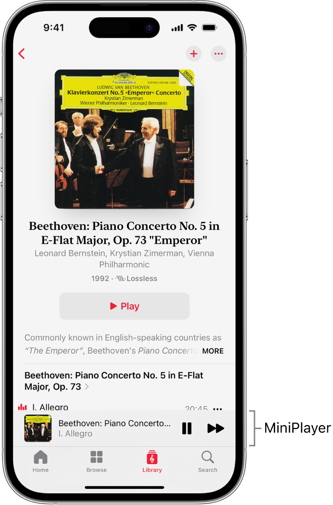 An iPhone showing the MiniPlayer in Apple Music Classical. At the top of the screen is album art, the name of the work, and a Play button. The MiniPlayer is near the bottom of the screen. Below the MiniPlayer are the Home, Browse, Library, and Search buttons.