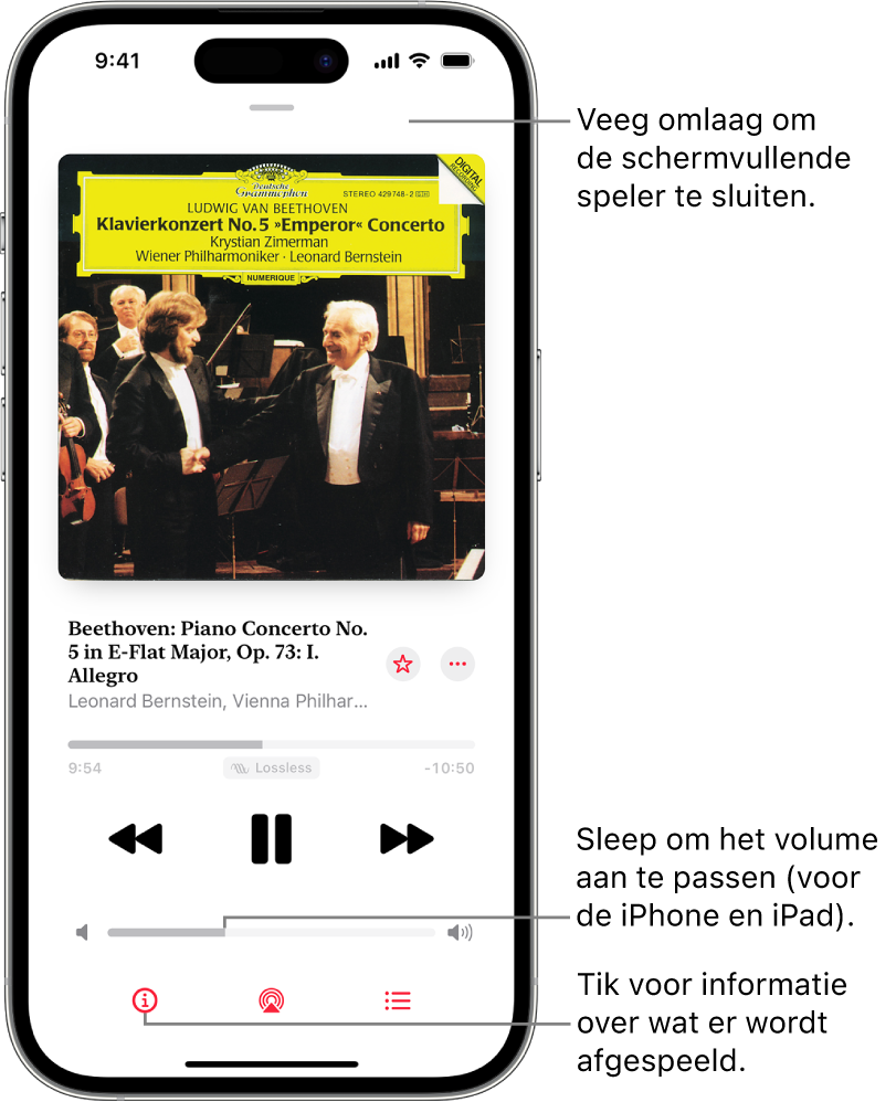 Een iPhone met het scherm 'Huidige' in Apple Music Classical. Boven in het scherm staat een grijze balk waarop je kunt tikken om het scherm 'Huidige' te verbergen en terug te gaan naar de minispeler. Onder de balk staan een albumillustratie, de naam van het muziekstuk en de tijdbalk met daarin de duur van de track en de verstreken tijd. In het onderste deel van het scherm staan de knoppen voor terugspoelen, pauzeren en vooruitspoelen, de volumeregelaar, de infoknop, de AirPlay-knop en de knop voor wat hierna wordt afgespeeld.