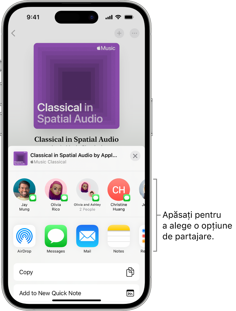 Un iPhone care afișează o listă de redare cu muzică clasică în partea de sus a ecranului, având contactele și opțiunile de partajare dedesubt.