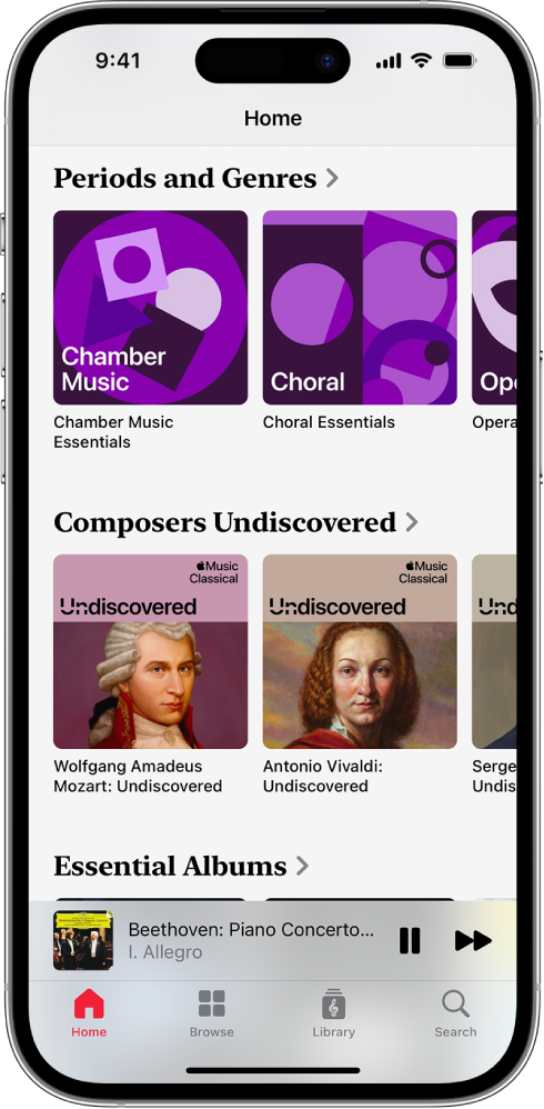 Un iPhone affichant l’onglet Accueil dans Apple Music Classical. L’écran présente les catégories Époques et genres et Trésors cachés et, en dessous, se trouve le mini-lecteur présentant la piste en cours de lecture. Tout en bas de l’écran figurent les boutons Accueil, Explorer, Bibliothèque et Rechercher.