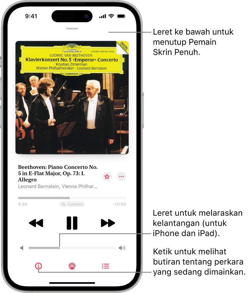 iPhone menunjukkan skrin Kini Dimainkan dalam Apple Music Classical. Di bahagian atas skrin ialah bar kelabu yang anda ketik untuk menyembunyikan skrin Kini Dimainkan dan bertukar kembali kepada Pemain Mini. Di bawah bar ialah karya seni album, nama karya muzik dan garis masa, yang menunjukkan panjang trek dan tempoh masa yang telah berlalu. Di bahagian lebih bawah skrin ialah butang Langkau Ke Belakang, Jeda dan Langkau ke Depan, kawalan kelantangan dan butang Info, AirPlay serta Main Seterusnya.