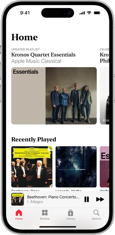 An iPhone showing the Home tab in Apple Music Classical. At the top of the screen is a featured playlist. Recently Played playlists are in the middle of the screen, and below those is the MiniPlayer, which shows the track that’s currently playing. At the very bottom of the screen are the Home, Browse, Library, and Search buttons.