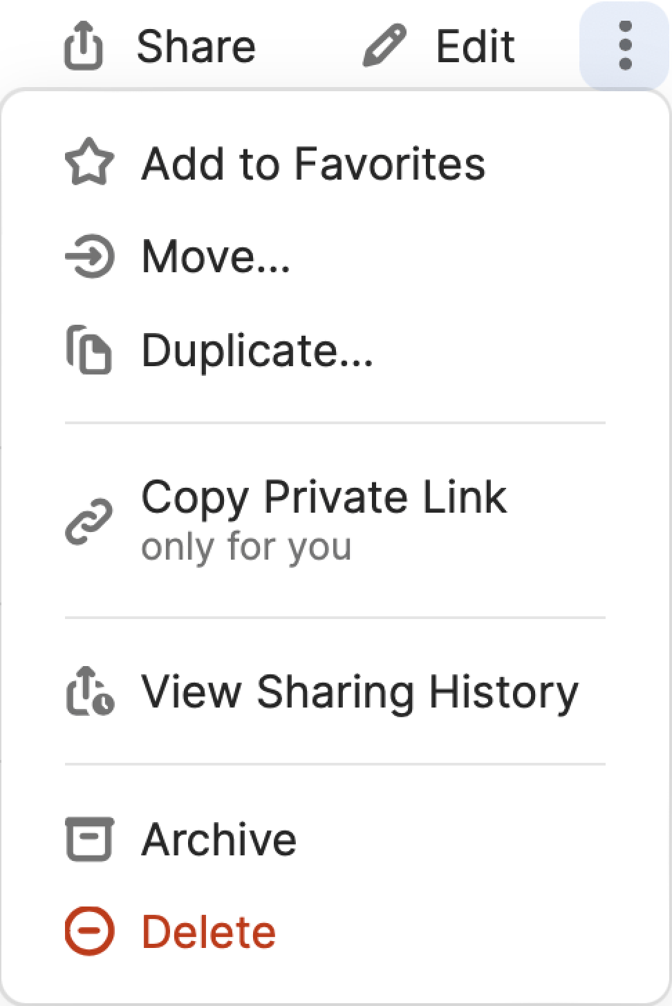 The share menu dropdown with 'Move/copy' selected