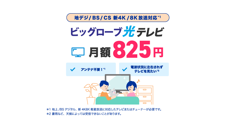 地上波・BS/CS・新4K/8K衛星放送 ビッグローブ光テレビ 月額825円