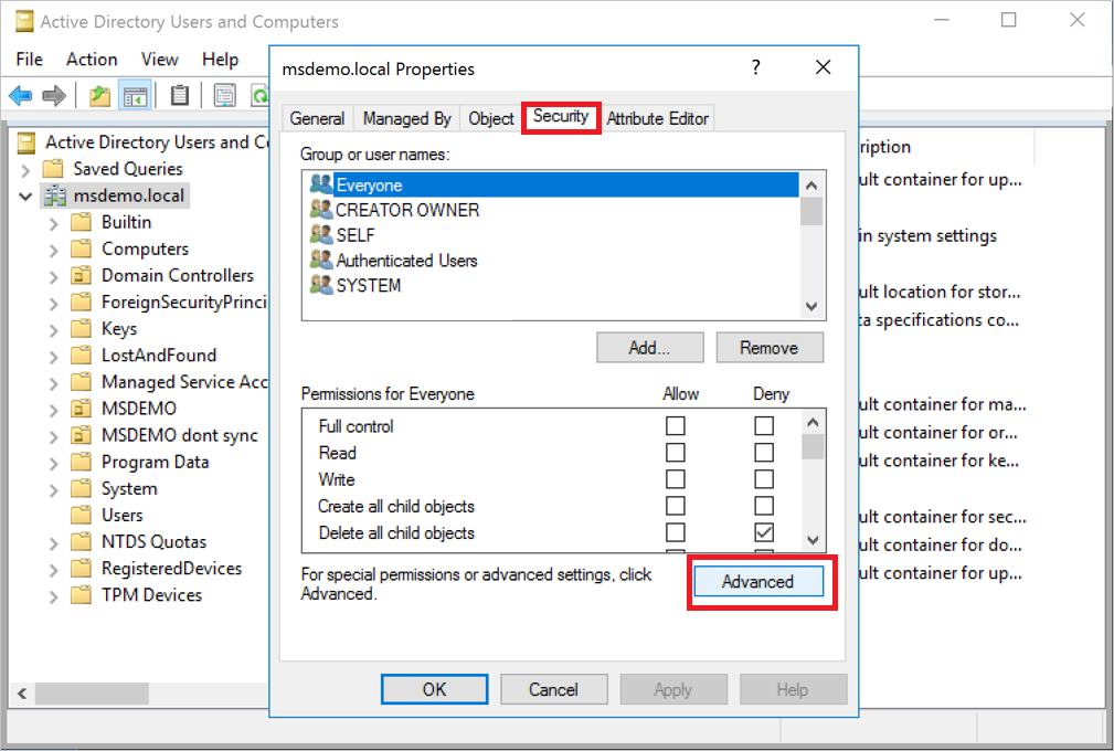 Screenshot of the dialog for opening advanced security properties.