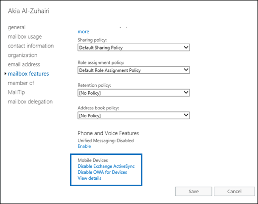 Mobile device settings for a mailbox in the EAC at Recipients > select mailbox > Edit > Mailbox features > Mobile Devices.