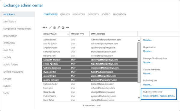 Bulk select mailboxes in the EAC to enable or disable Outlook on the web.