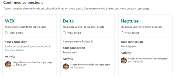 Screenshot of confirmed connections in the topic center.